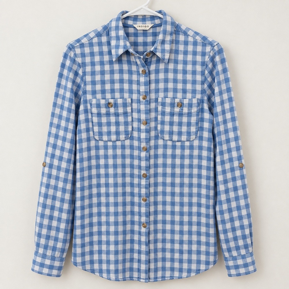 M&S Indigo Collection Blue Gingham Cotton Roll Tab Sleeve Shirt UK 8 US 4